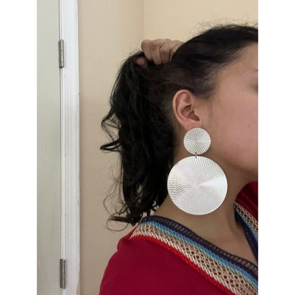 Big Silver earrings disc large metal huge bold statement round circle chunky - Picture 4 of 7